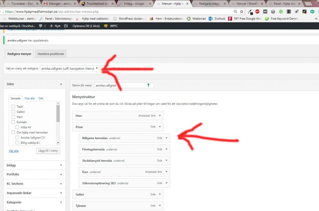 ändra menyn på hemsidan - Hjälp med hemsidan tipsar