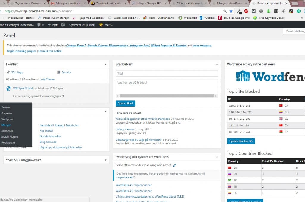 menyer i WordPress - Hjälp med hemsidan visar hur det funkar
