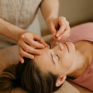 Akupunkturbehandling med rosa nålar i pannan på avslappnad kvinna – illustration av hemsida för akupunkturbehandling och alternativmedicinsk verksamhet.