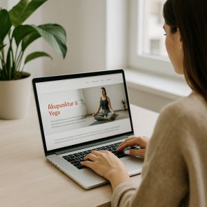Kvinna arbetar med hemsida till akupunktur och yoga på sin laptop i ljus hemmiljö – illustration av webbdesign för friskvårdsterapeut.