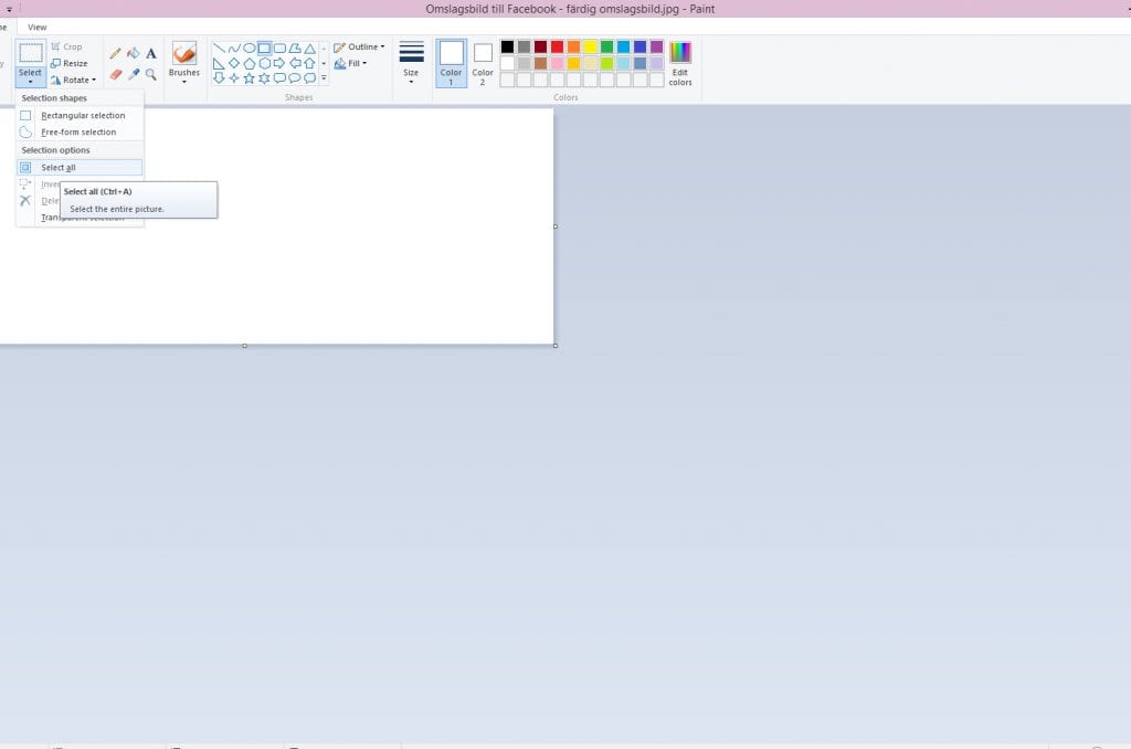 Omslagsbild för Facebook gjord i paint - välj området där du vill klistra in bilden