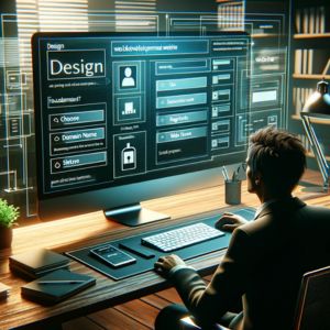 En illustration av en person som skapar en hemsida på en dator