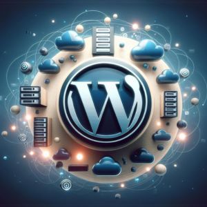 Illustration av en WordPress-logotyp med webbhotellssymboler
