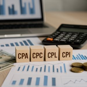 Digital illustration av olika affiliateprograms betalmodeller, där användaren kan få betalt per klick, lead eller köp