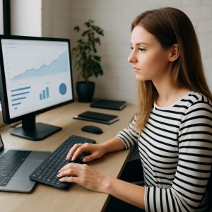 Kvinna använder analysverktyg och spårning för att förbättra sin affiliate marknadsföring