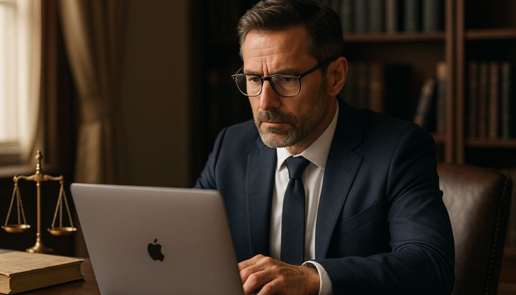 Manlig jurist sitter vid dator och arbetar med juridiska dokument – fokus på rådgivning och digital närvaro.